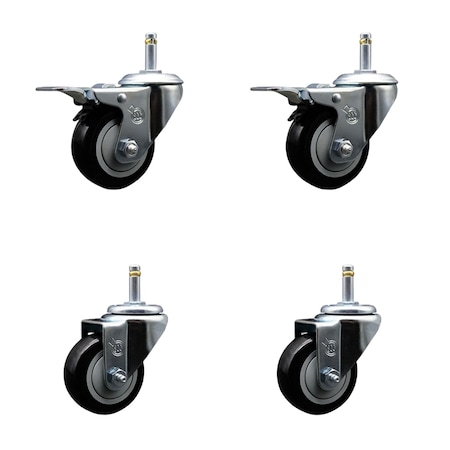 Service Caster 3'' Black Poly Wheel Swivel 7/16'' Stem Caster Set 2 Total Lock Brake, 4PK SCC-GRTTL20S314-PPUB-BLK-716138-2-S2